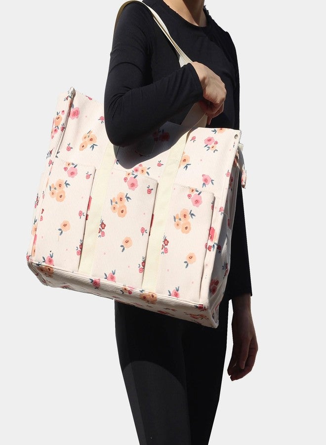 ESVAN Utility Tote Bag with Zip Top Waterproof Teacher Tote Bag for Teacher Work Women Beach (Corduroy Beige Pink flower) - Image 5