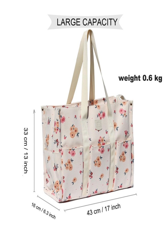 ESVAN Utility Tote Bag with Zip Top Waterproof Teacher Tote Bag for Teacher Work Women Beach (Corduroy Beige Pink flower) - Image 2