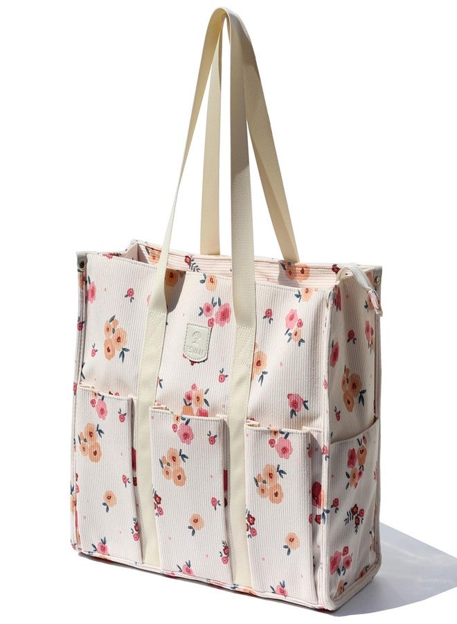 ESVAN Utility Tote Bag with Zip Top Waterproof Teacher Tote Bag for Teacher Work Women Beach (Corduroy Beige Pink flower) - Image 1