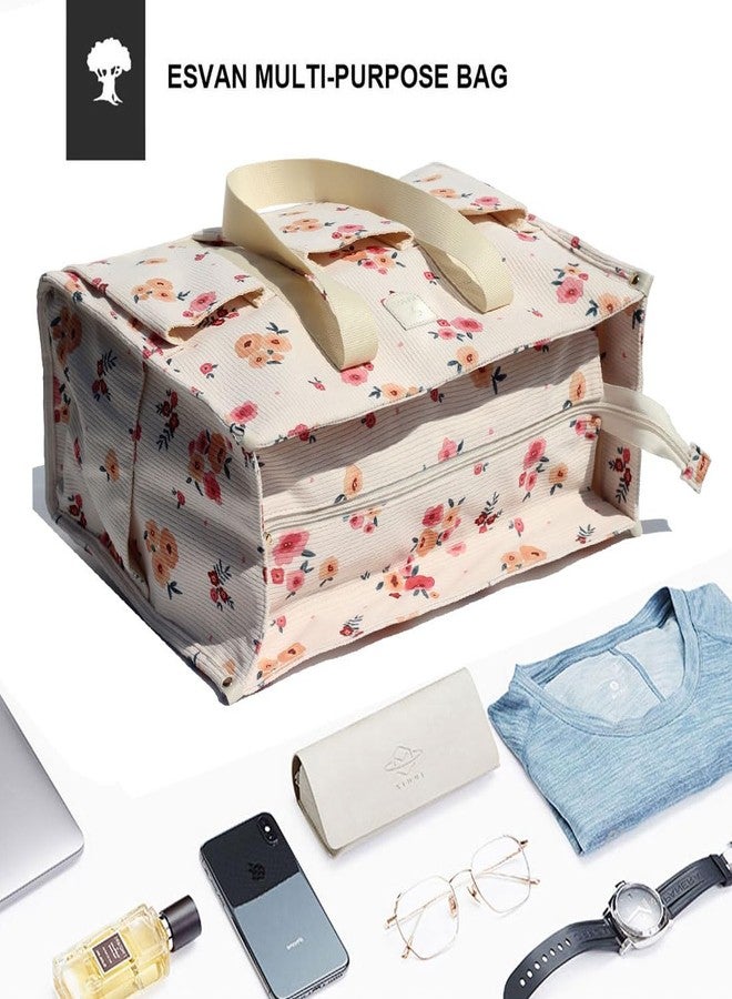 ESVAN Utility Tote Bag with Zip Top Waterproof Teacher Tote Bag for Teacher Work Women Beach (Corduroy Beige Pink flower) - Image 3