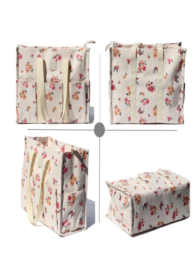 ESVAN Utility Tote Bag with Zip Top Waterproof Teacher Tote Bag for Teacher Work Women Beach (Corduroy Beige Pink flower) - Image 4
