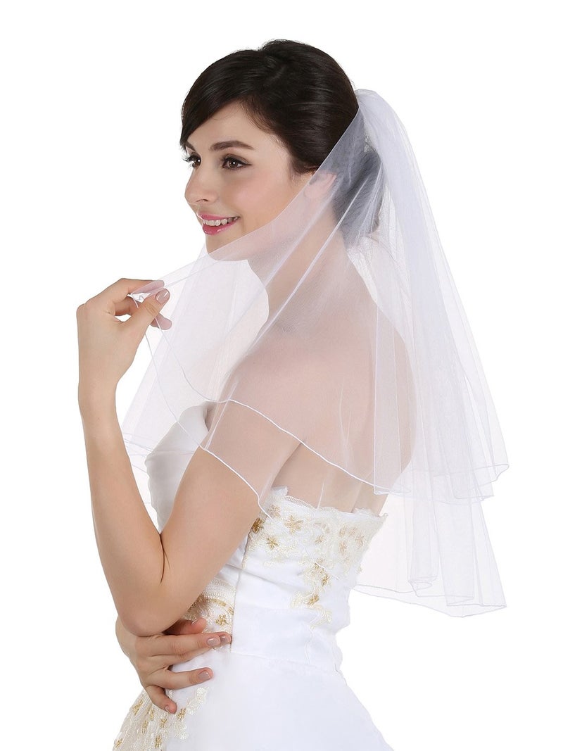 SAMKY 2T 2 Tier Classic Pencil Edge Bridal Wedding Veil - White Shoulder Length 25" V529 - Image 1