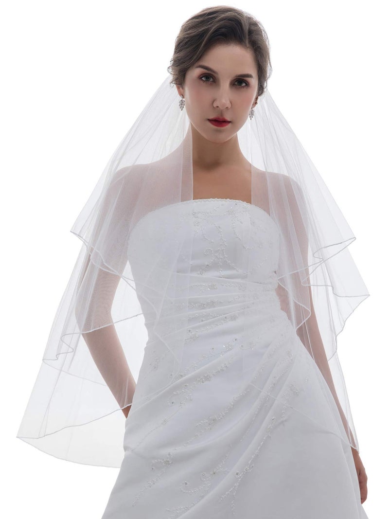 SAMKY 2T 2 Tier Classic Pencil Edge Bridal Wedding Veil - White Shoulder Length 25" V529 - Image 2