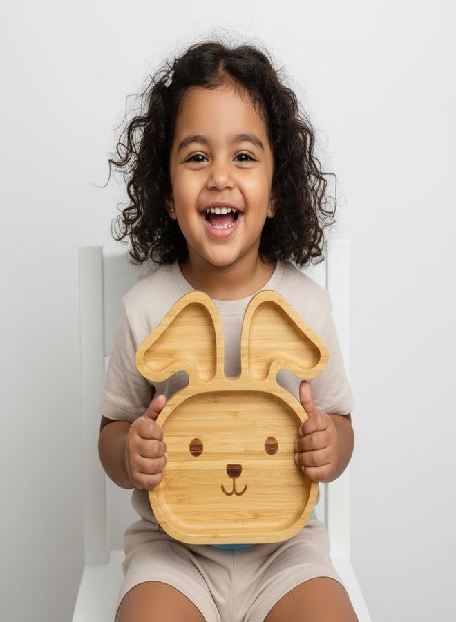 StarKiddo® Bamboo Bunny Suction Plate with Feeding Spoon | 3 Sections | Super Strong Suction Cup | Ideal for Baby-Led Weaning & Toddler Self-Feeding | Natural Bamboo | BPA Free (Green) - Image 2
