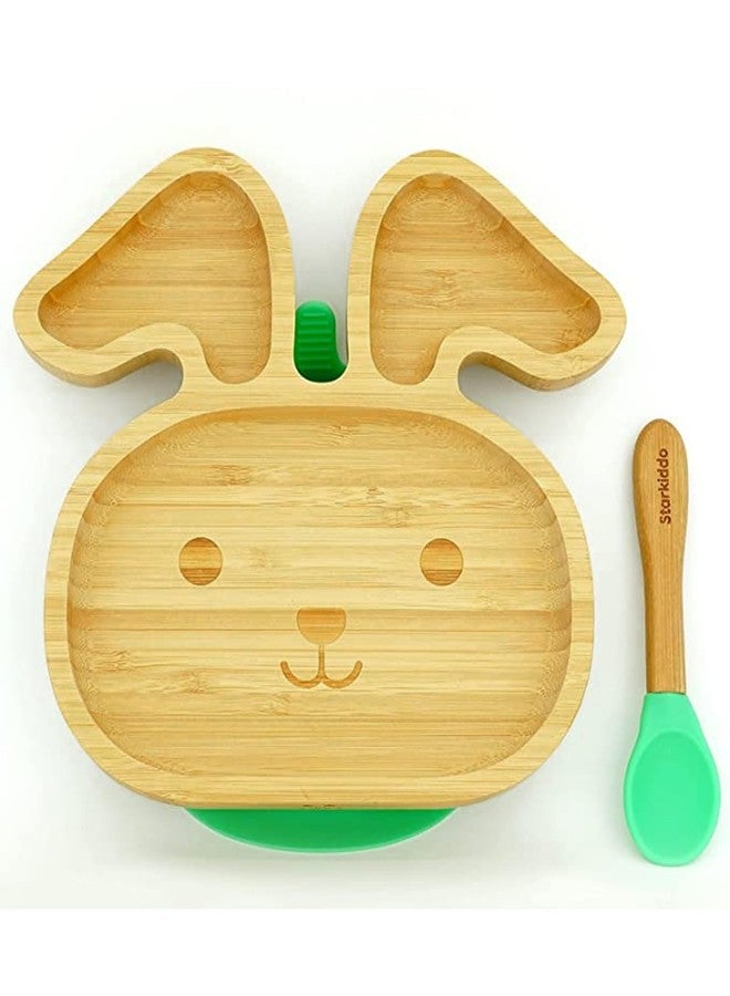 StarKiddo® Bamboo Bunny Suction Plate with Feeding Spoon | 3 Sections | Super Strong Suction Cup | Ideal for Baby-Led Weaning & Toddler Self-Feeding | Natural Bamboo | BPA Free (Green) - Image 1
