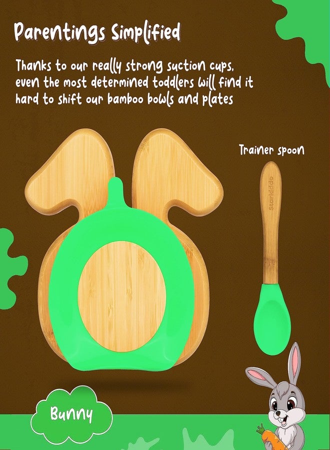 StarKiddo® Bamboo Bunny Suction Plate with Feeding Spoon | 3 Sections | Super Strong Suction Cup | Ideal for Baby-Led Weaning & Toddler Self-Feeding | Natural Bamboo | BPA Free (Green) - Image 5