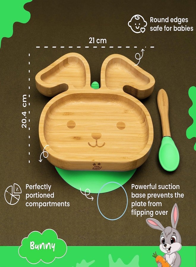 StarKiddo® Bamboo Bunny Suction Plate with Feeding Spoon | 3 Sections | Super Strong Suction Cup | Ideal for Baby-Led Weaning & Toddler Self-Feeding | Natural Bamboo | BPA Free (Green) - Image 3