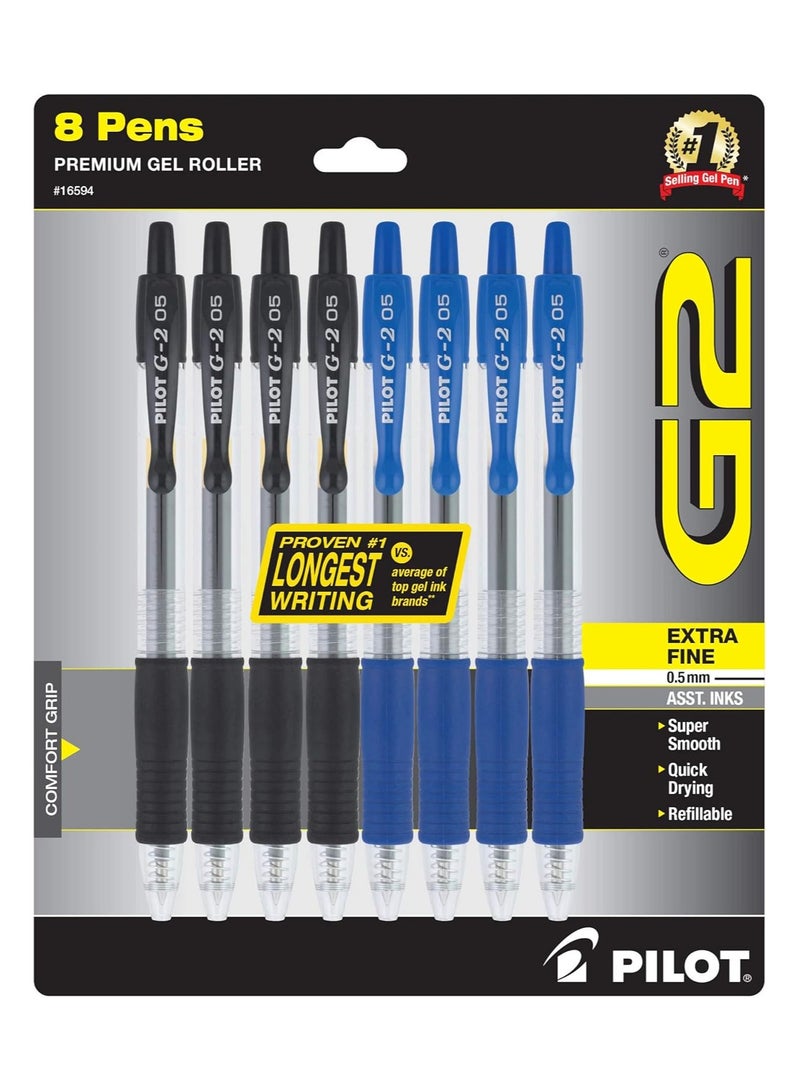 بايلوت أقلام حبر هلامية ممتازة قابلة لإعادة الملء وقابلة للسحب من بايلوت G2 نقطة دقيقة للغاية 0.5 مم أسود 4/أزرق 4 عبوات من 8 قطع - Image 1