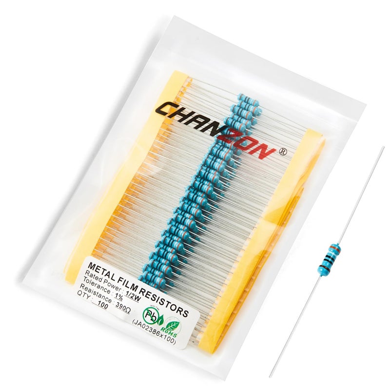 CHANZON 100pcs 1/2W (0.5W)390Ω ohm Metal Film Fixed Resistor 0.01 ±1% Tolerance 390 R MF Through Hole Resistors Current Limiting Rohs Certificated - Image 1