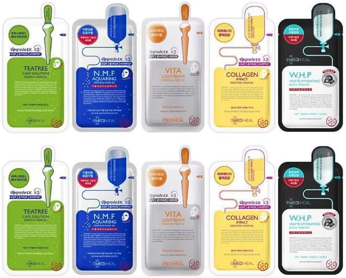 MEDIHEAL Grehge heet Mask Bundle NMF Aquaring Ampoule Collagen Impact Teatree Care EGT Timetox Ampoule EX WHP White Hydrating Black EX 2pcs Each 5 Different Masks Totally 10 Sheets