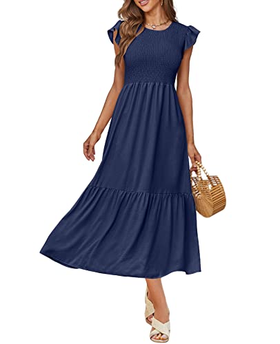 OFEEFAN Casual Dresses for Women Smocked Dress Women Summer Dresses Pockets Navy Blue S - Image 3
