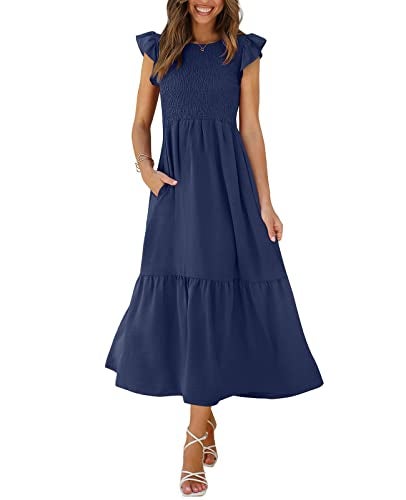 OFEEFAN Casual Dresses for Women Smocked Dress Women Summer Dresses Pockets Navy Blue S - Image 1