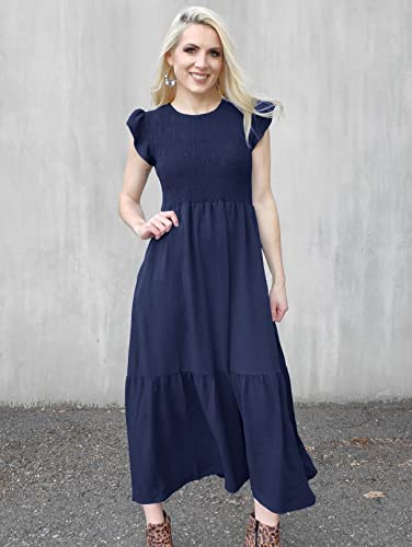 OFEEFAN Casual Dresses for Women Smocked Dress Women Summer Dresses Pockets Navy Blue S - Image 2