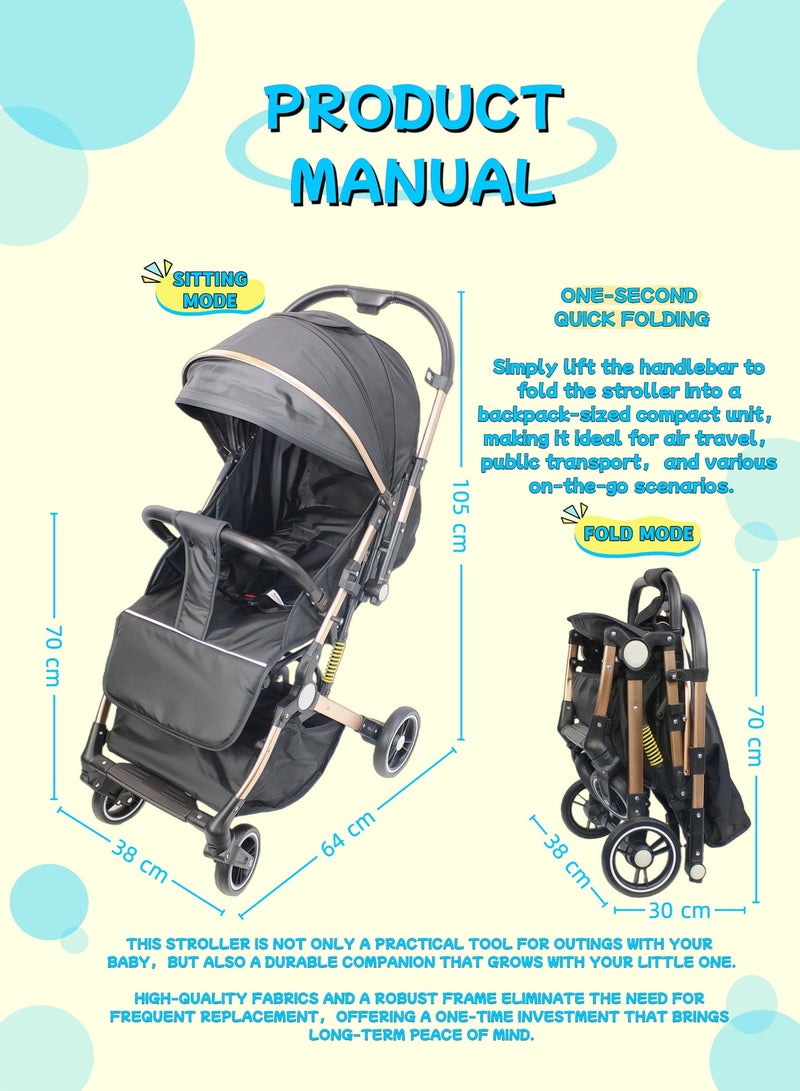 Two-way One-click Foldable Ultra Lightweight Travel Stroller Comfortable Shock Absorbent Multi Position Reclining Seat Adjustable Canopy Foldable Storage Basket NO.1105 - Image 2