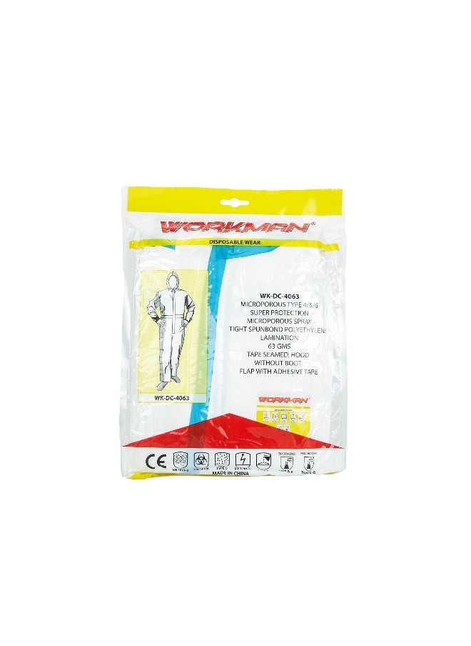 Workman WK-DC4063- Disposable Coverall - 63 GSM, Type 5/6 Protection, Breathable, Anti-Static, White, for Industrial Use, Chemical Handling, and Painting | Size-L  - Image 1