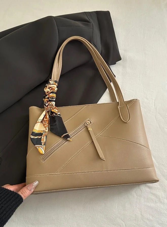 Take Two Khaki Shoulder Bag with Printed Scarf Detail