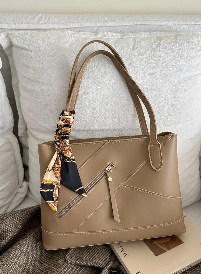 Take Two Khaki Shoulder Bag with Printed Scarf Detail