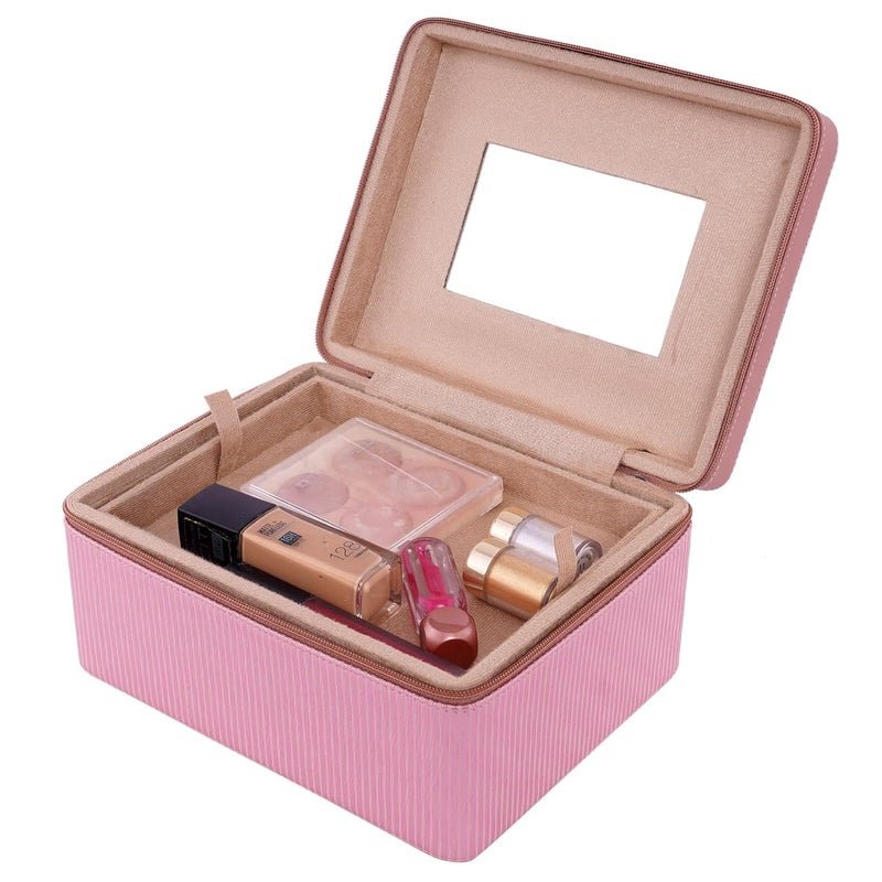 FADAK Cosmetic Makeup for Beauty Case Wedding Makeup Brushes Pouch Tikli Organizer Travel Large Vanity Mirror Box Storage Bag Jewelry Bridal Box (Pink Taffy) - Image 4