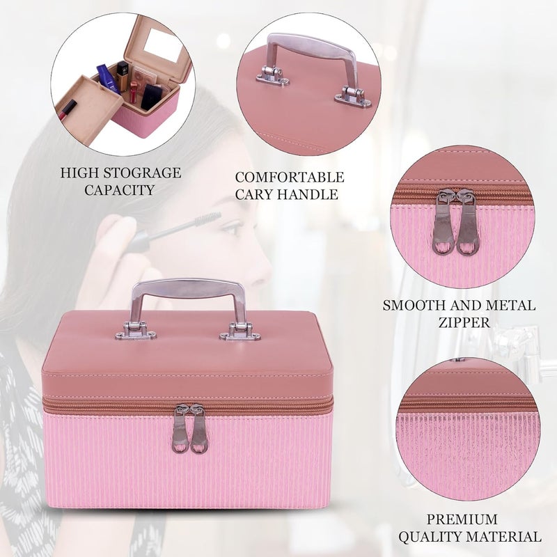 FADAK Cosmetic Makeup for Beauty Case Wedding Makeup Brushes Pouch Tikli Organizer Travel Large Vanity Mirror Box Storage Bag Jewelry Bridal Box (Pink Taffy) - Image 3
