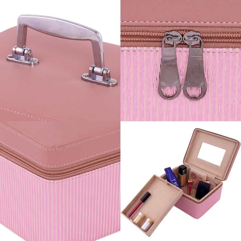 FADAK Cosmetic Makeup for Beauty Case Wedding Makeup Brushes Pouch Tikli Organizer Travel Large Vanity Mirror Box Storage Bag Jewelry Bridal Box (Pink Taffy) - Image 2