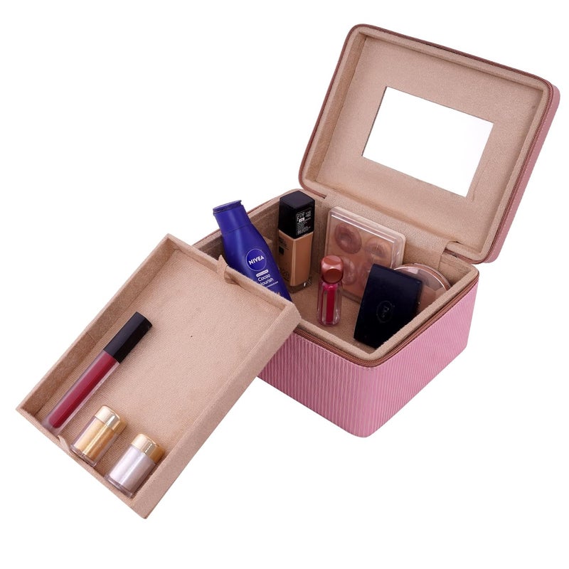 FADAK Cosmetic Makeup for Beauty Case Wedding Makeup Brushes Pouch Tikli Organizer Travel Large Vanity Mirror Box Storage Bag Jewelry Bridal Box (Pink Taffy) - Image 5