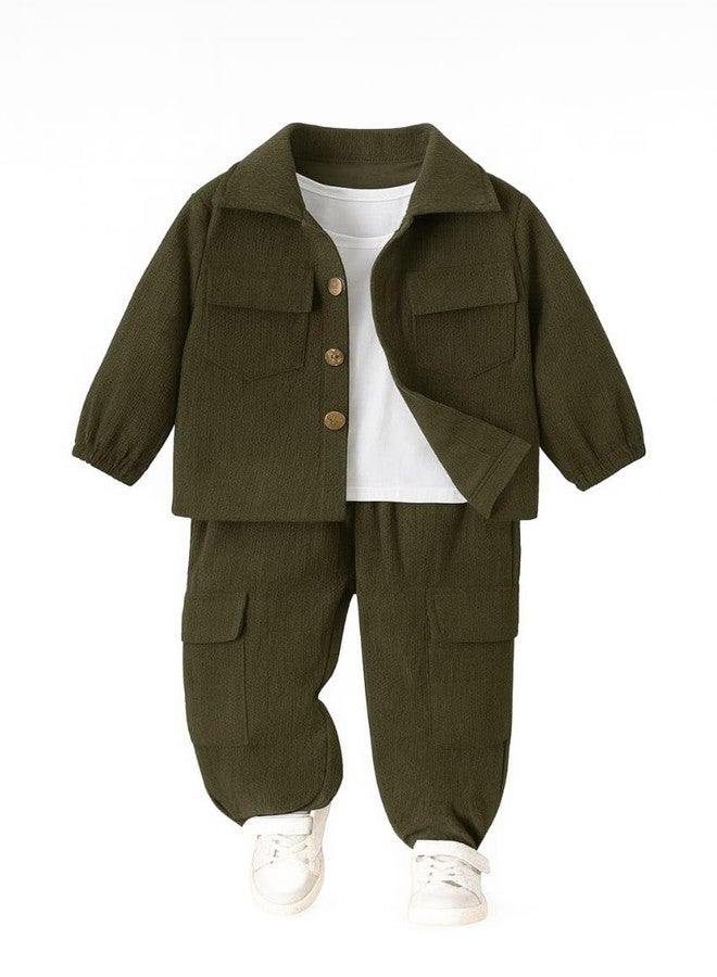 ocvito Kids Boys olive green Stylish Shirt & Pant Clothing Set, Solid Casual Outfit with Front Button Shirt & Elastic Waist Pants, Comfortable Party & Dress for Kids.4-5 years - Image 1