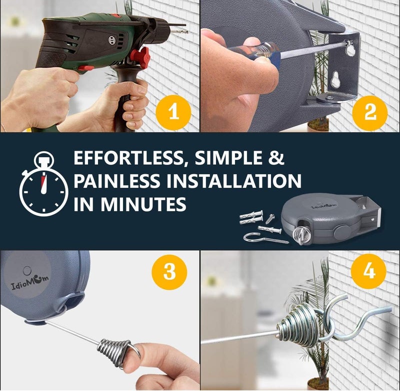 IDIOMUM Retractable Clothesline Indoor Outdoor Heavy Duty 40 Feet - PVC Clothes Line Retracting - Clothesline with Wall Mount - Retractable Laundry Line for Drying Clothes with 12 ClothesPins - Image 2