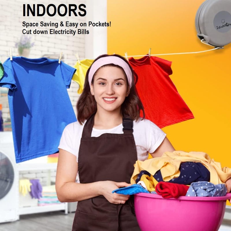 IDIOMUM Retractable Clothesline Indoor Outdoor Heavy Duty 40 Feet - PVC Clothes Line Retracting - Clothesline with Wall Mount - Retractable Laundry Line for Drying Clothes with 12 ClothesPins - Image 3