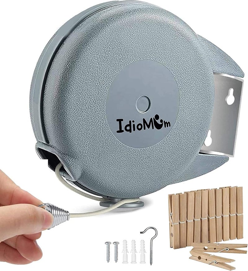 IDIOMUM Retractable Clothesline Indoor Outdoor Heavy Duty 40 Feet - PVC Clothes Line Retracting - Clothesline with Wall Mount - Retractable Laundry Line for Drying Clothes with 12 ClothesPins - Image 1