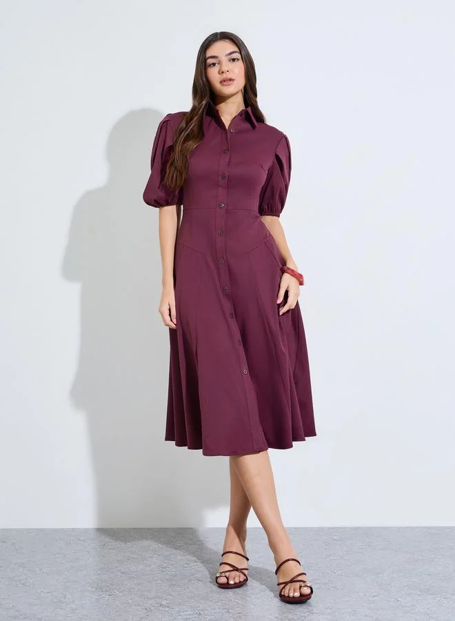 ستايلي Burgundy Balloon Sleeves Shirt Midi Dress