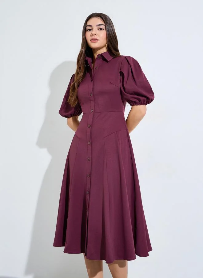ستايلي Burgundy Balloon Sleeves Shirt Midi Dress
