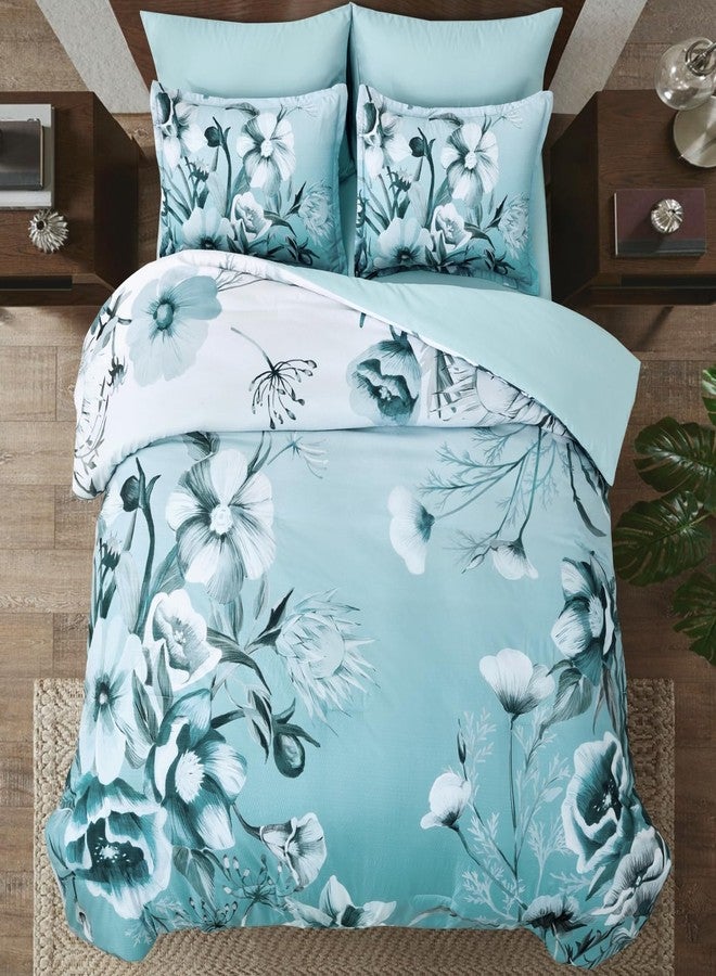 Luxudecor طقم لحاف فاخر مزين بالزهور، مقاس كينج، 7 قطع، لون أزرق مائي، طقم سرير متكامل، لحاف أنيق متدرج الألوان مزين بالزهور مع طقم ملاءات، طقم مفروشات من الألياف الدقيقة الناعمة بنقشة السيرسيكر مناسب لجميع الفصول (أزرق مائي، 104 بوصة × 90 بوصة). - Image 3