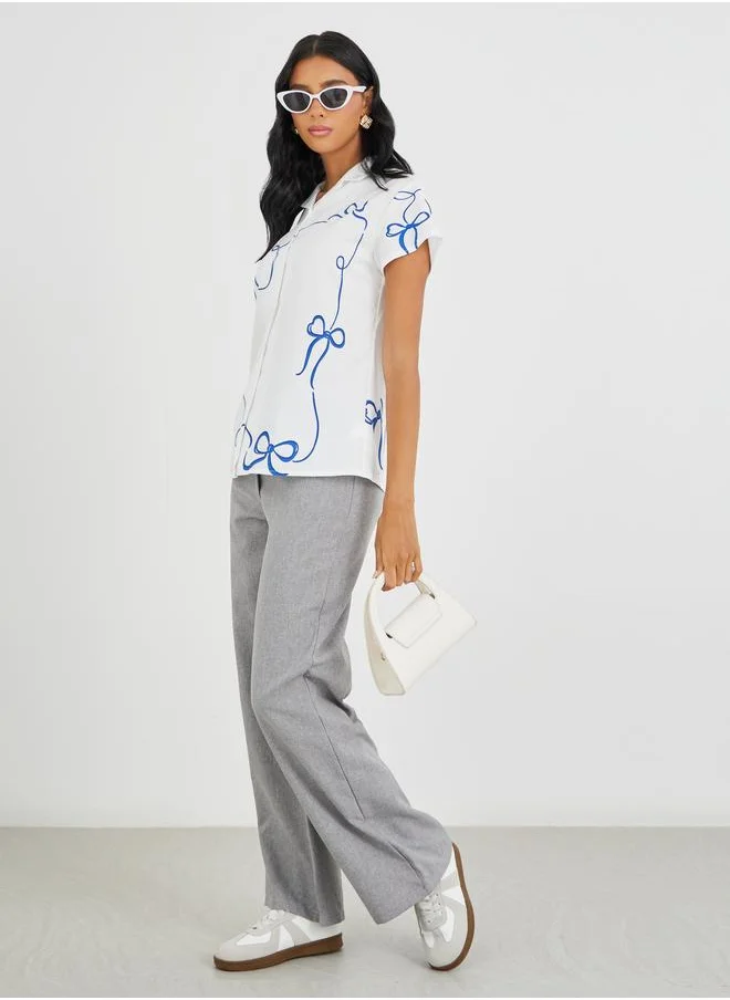 تايك تو Take Two Camp Collar Graphic Print Shirt with Button Closure