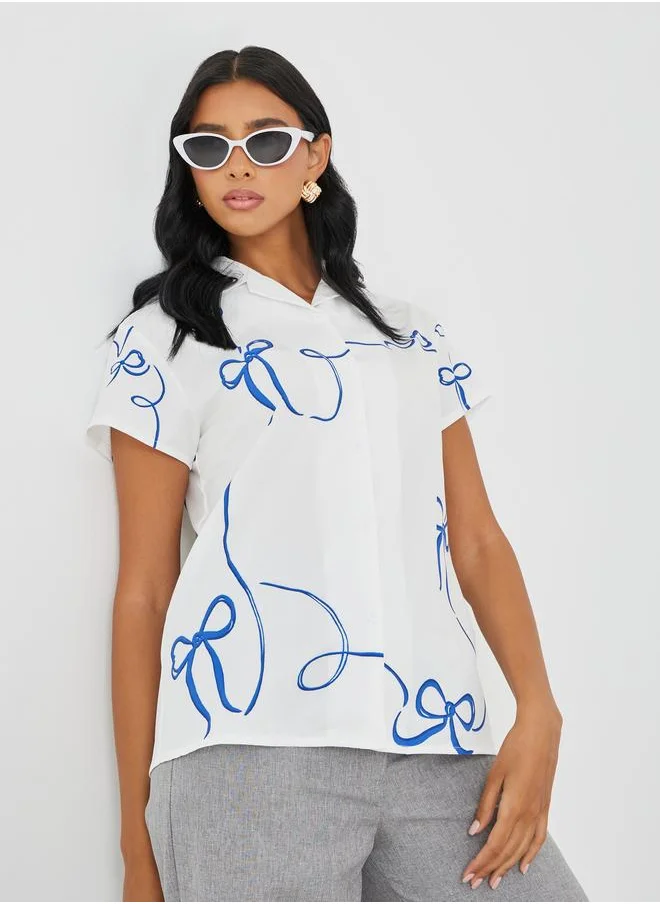 تايك تو Take Two Camp Collar Graphic Print Shirt with Button Closure