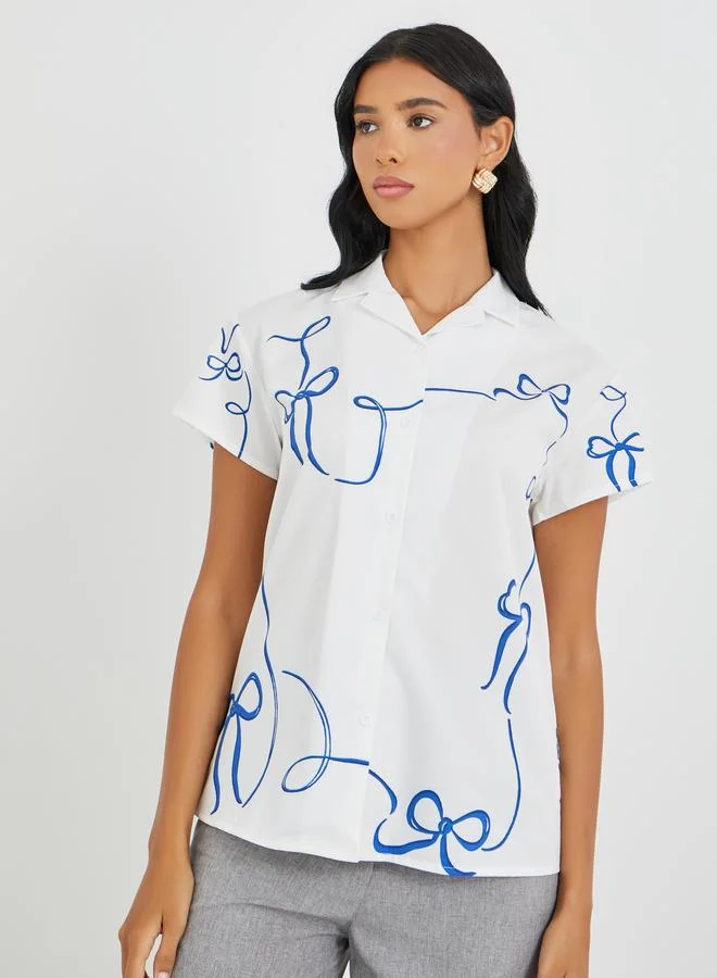 Take Two Camp Collar Graphic Print Shirt with Button Closure