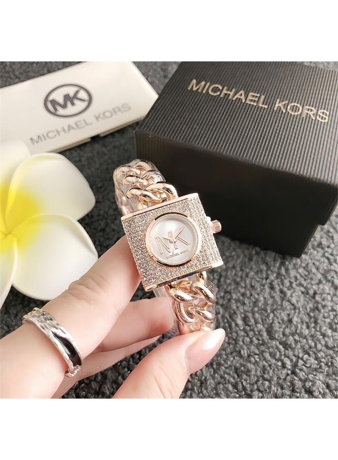 ام كي Michael Kors Women's Rose Gold - Tone Watch with Crystal - Studded Square Case and Chain Bracelet