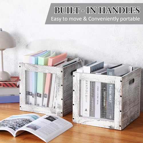 Colingmill 2 Pack Stackable Wood Storage Bins with Metal Wire and Handles 11 x 11 x 11 Inch 22l Cube Vinyl Record Holder Wooden Storage Crate Basket for Shelve Fruit Vegetable Pantry ToyRustic White - Image 3