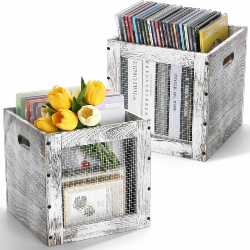 Colingmill 2 Pack Stackable Wood Storage Bins with Metal Wire and Handles 11 x 11 x 11 Inch 22l Cube Vinyl Record Holder Wooden Storage Crate Basket for Shelve Fruit Vegetable Pantry ToyRustic White - Image 2