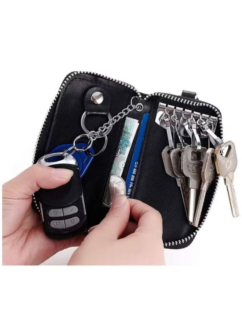 PU Leather Car Key Case Car Smart Key Chain Coin Holder Smart Key Holder Protection Car key Chain Bag Auto Remote Keyring Wallet Key Wallet Card Wallet Leather Wallet Black - Image 4