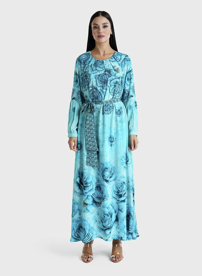KASHKHA Blue Floral Printed Viscose Crepe Hand Work Maxi Dress (VDU808)