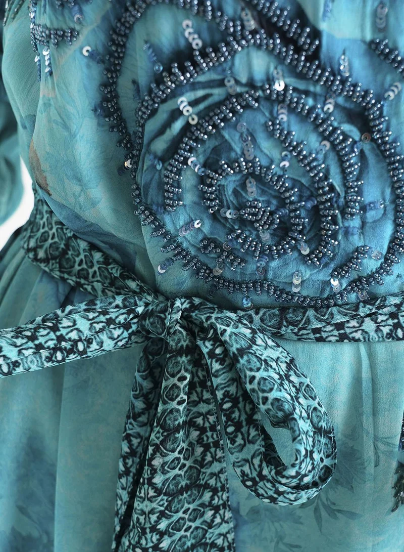 KASHKHA  Blue Floral Printed Viscose Crepe Hand Work Maxi Dress (VDU808) for Women | Best Price UAE