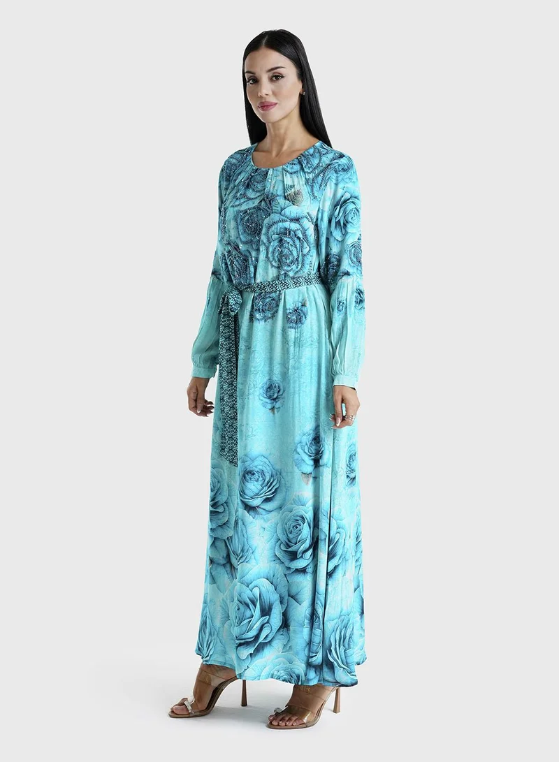 KASHKHA  Blue Floral Printed Viscose Crepe Hand Work Maxi Dress (VDU808) for Women | Best Price UAE