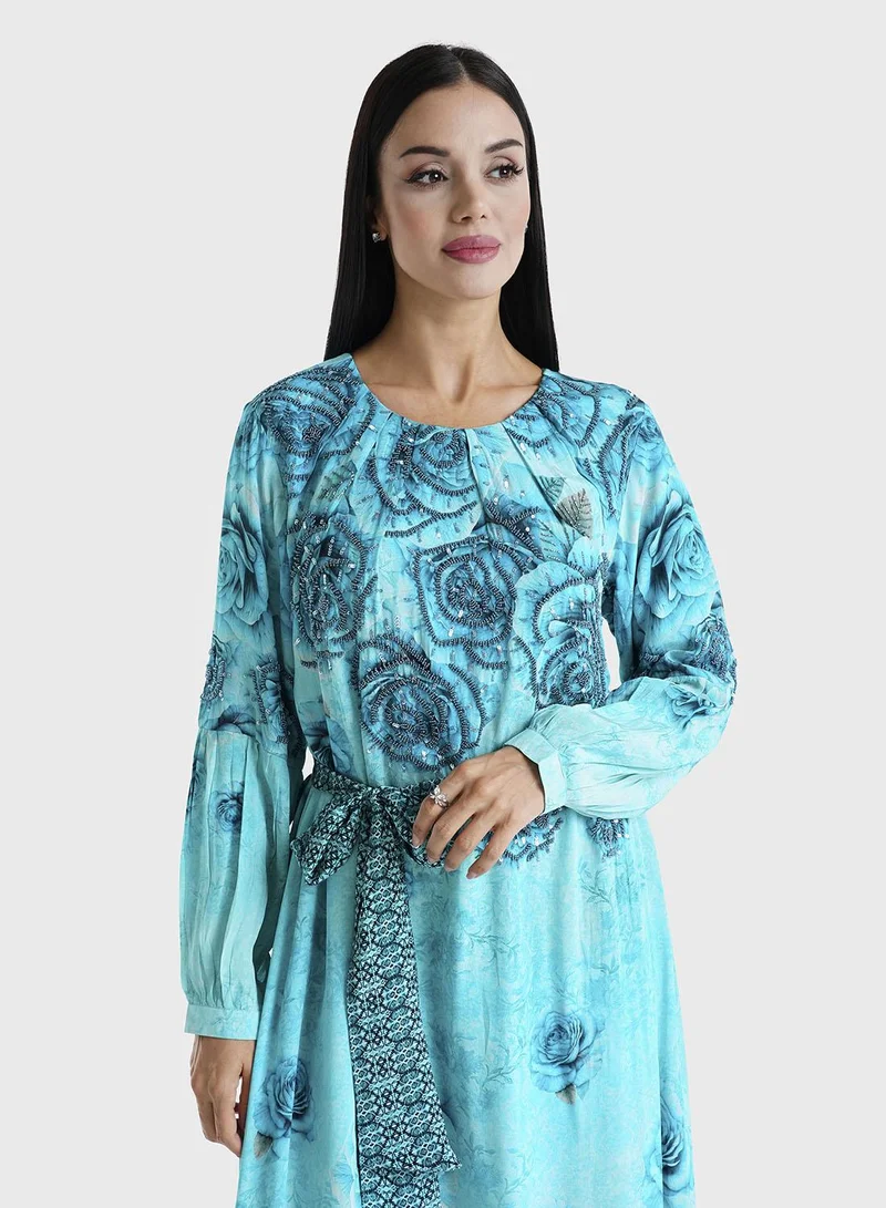 KASHKHA Blue Floral Printed Viscose Crepe Hand Work Maxi Dress (VDU808)