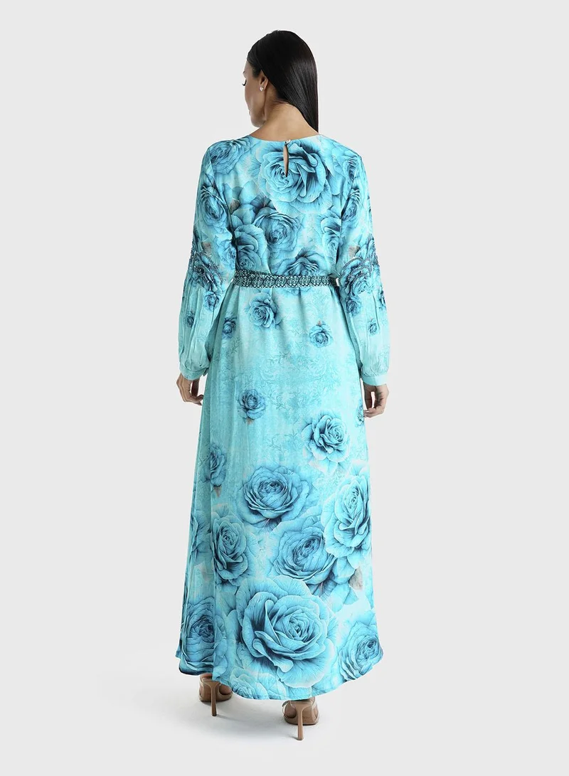 KASHKHA  Blue Floral Printed Viscose Crepe Hand Work Maxi Dress (VDU808) for Women | Best Price UAE
