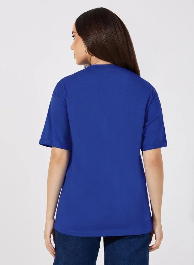 Styli Oversized Alle Stelle Slogan T-Shirt with Turn-Up Sleeves