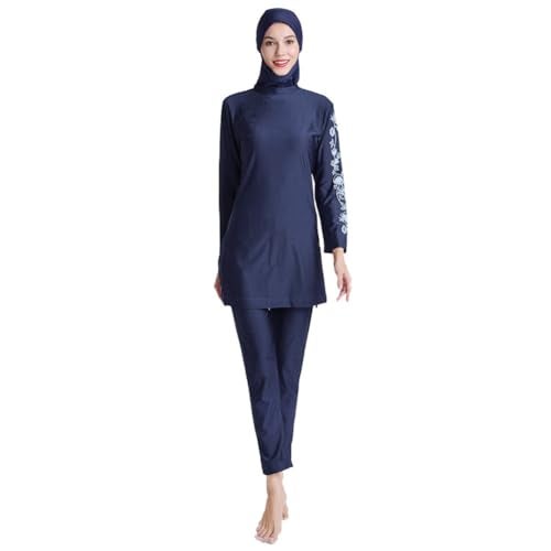 ODIZLI Modest Muslim Swimsuits for Women Burkini Islamic Swimwear Long Sleeve Full Covered Hijab Swim Top Pants Swim Cap Wetsuit 3 Piece Bathing Suits Rash Guard Sets Arabic Swimwear Dark Blue Floral XL - Image 2
