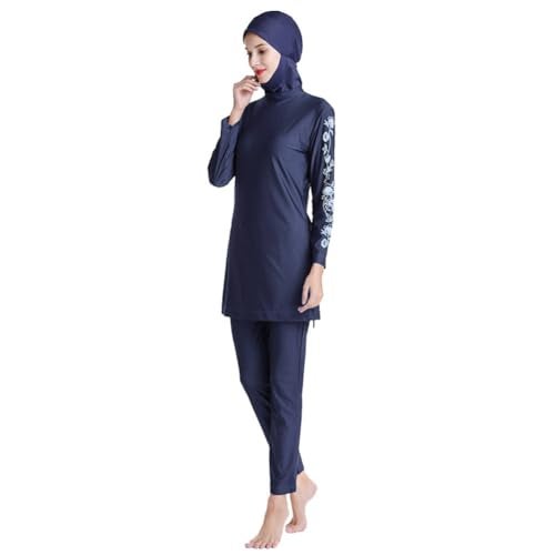 ODIZLI Modest Muslim Swimsuits for Women Burkini Islamic Swimwear Long Sleeve Full Covered Hijab Swim Top Pants Swim Cap Wetsuit 3 Piece Bathing Suits Rash Guard Sets Arabic Swimwear Dark Blue Floral XL - Image 1