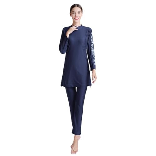 ODIZLI Modest Muslim Swimsuits for Women Burkini Islamic Swimwear Long Sleeve Full Covered Hijab Swim Top Pants Swim Cap Wetsuit 3 Piece Bathing Suits Rash Guard Sets Arabic Swimwear Dark Blue Floral XL - Image 3