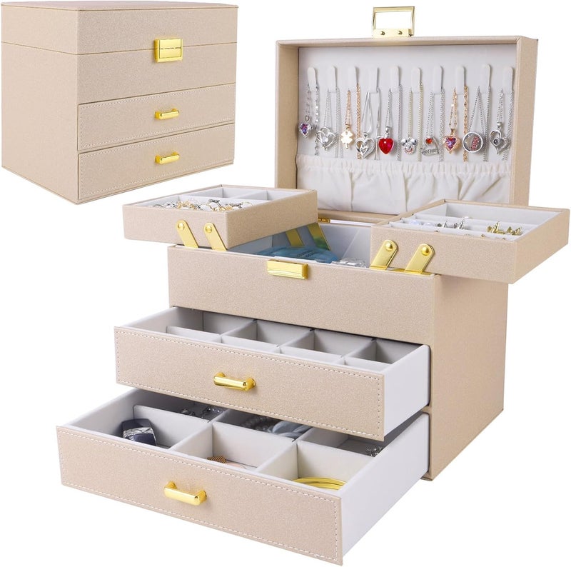 Dajasan Jewelry Organizer Box - Large 4 Layers Jewelry Storage Case with Drawer, Movable Metal Stand, Champagne + Gold - Image 1
