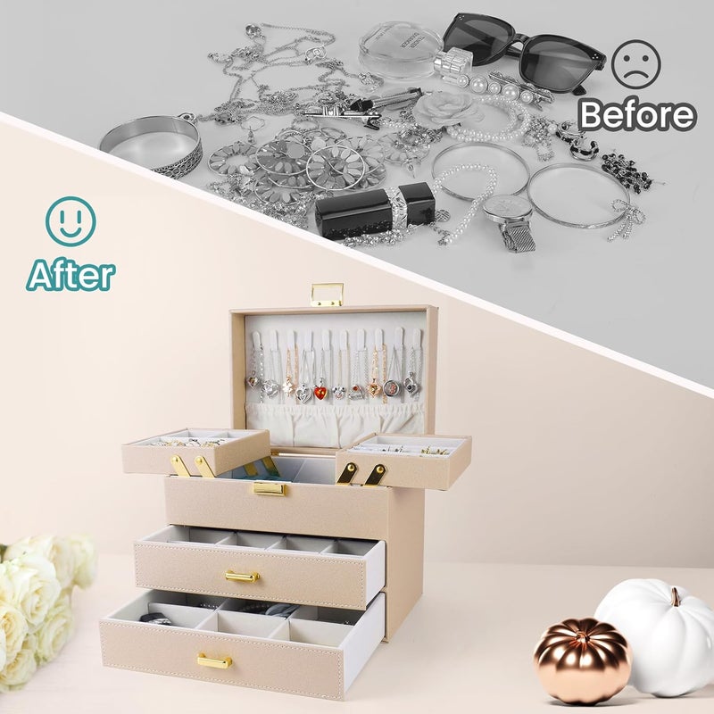 Dajasan Jewelry Organizer Box - Large 4 Layers Jewelry Storage Case with Drawer, Movable Metal Stand, Champagne + Gold - Image 2